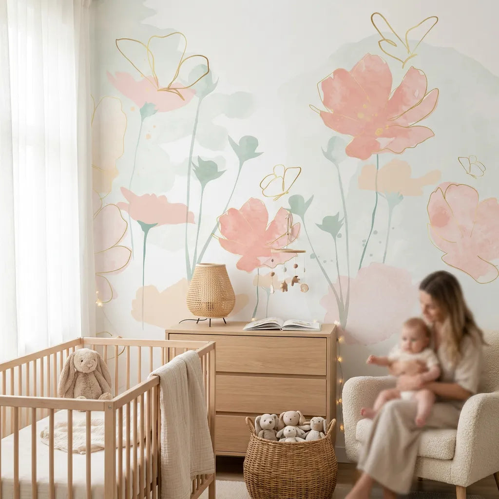 Quatrième vue du papier peint panoramique bouquet aquarelle dans une chambre d'enfant