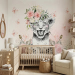 Papier peint panoramique eclat roses illustré, dans une chambre d'enfant