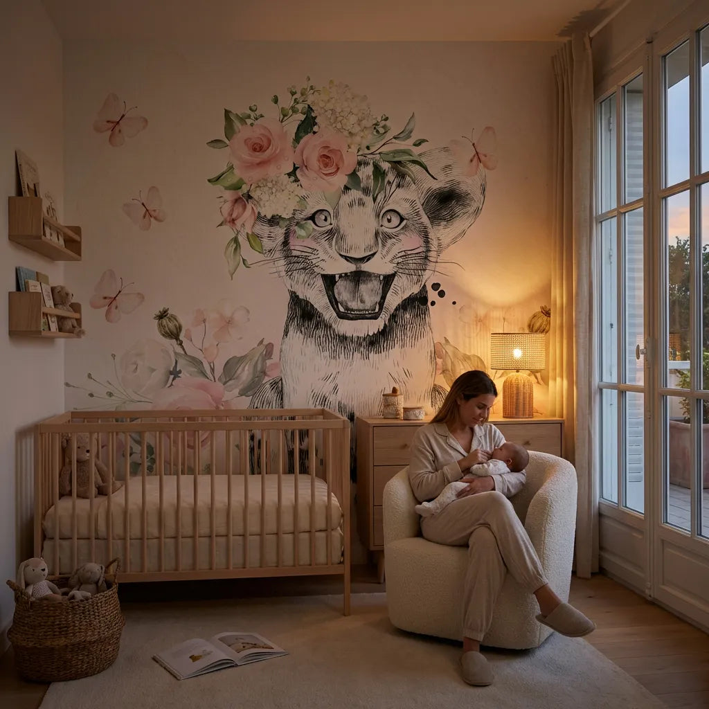 Deuxième vue du papier peint panoramique eclat roses dans une chambre d'enfant