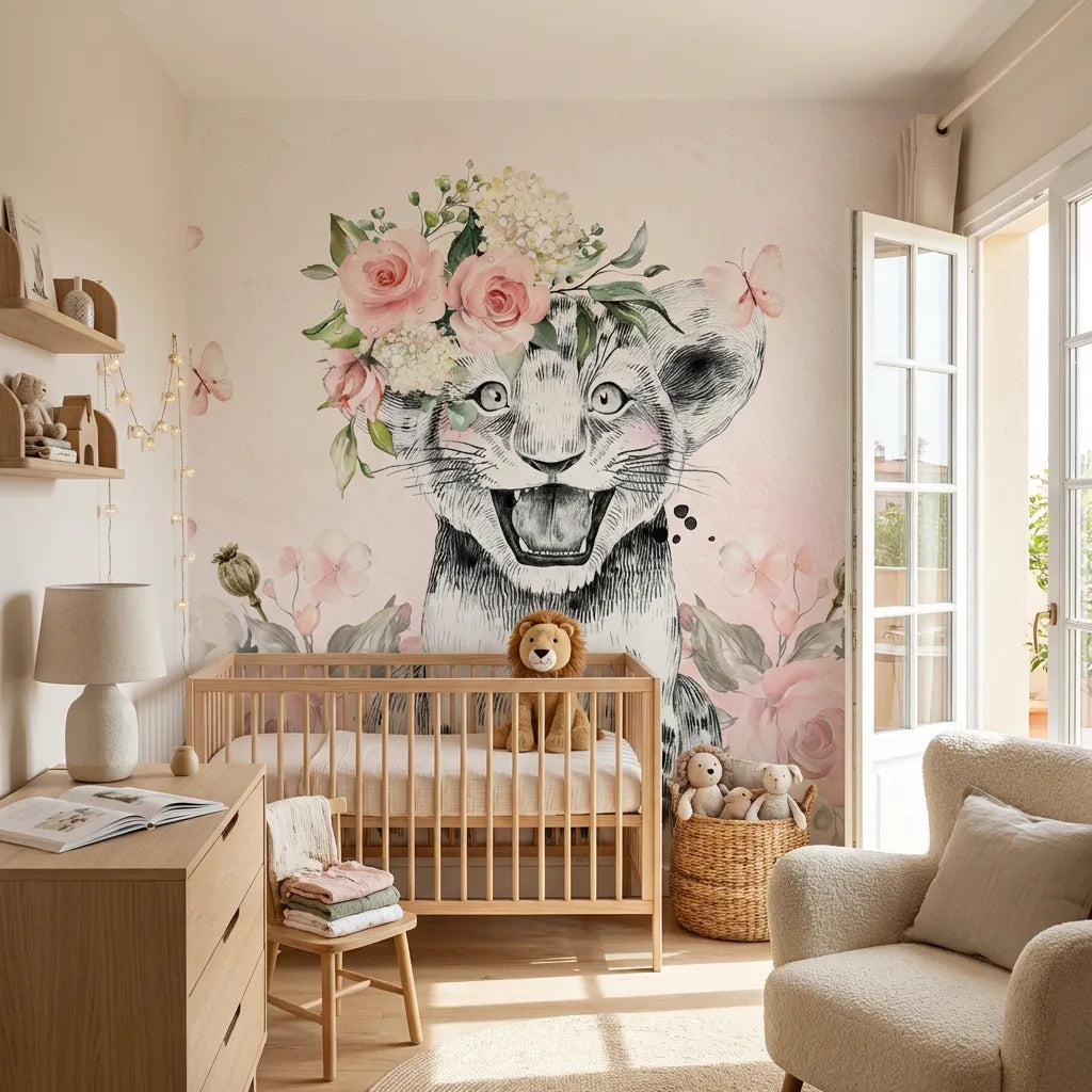 Quatrième vue du papier peint panoramique eclat roses dans une chambre d'enfant