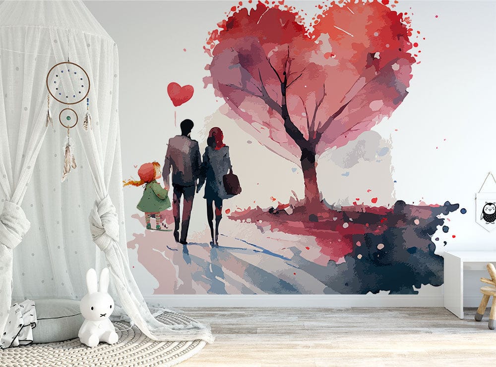 Papier peint panoramique famille and love illustré, dans une chambre d'enfant