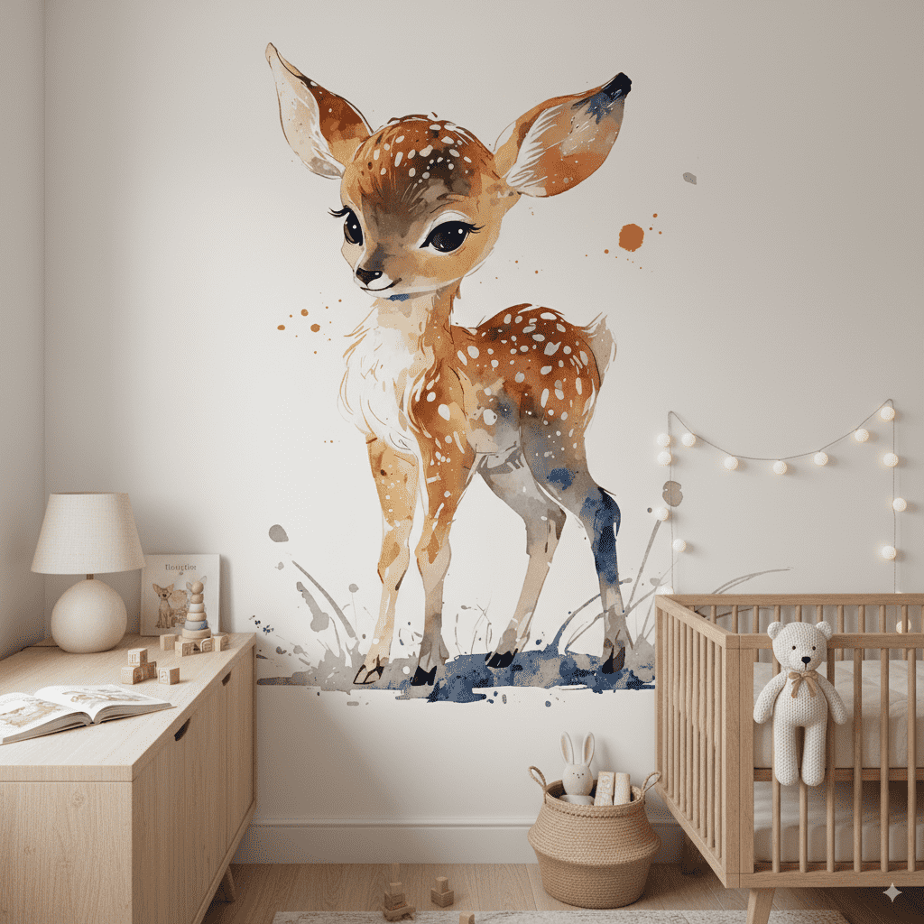 Papier peint panoramique faon sous bois illustré, dans une chambre d'enfant
