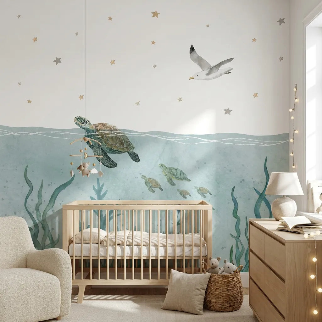 Papier peint panoramique fonds marins nouvel univers illustré, dans une chambre d'enfant