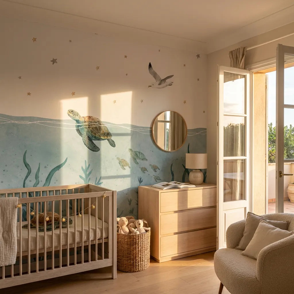 Troisième vue du papier peint panoramique fonds marins nouvel univers dans une chambre d'enfant