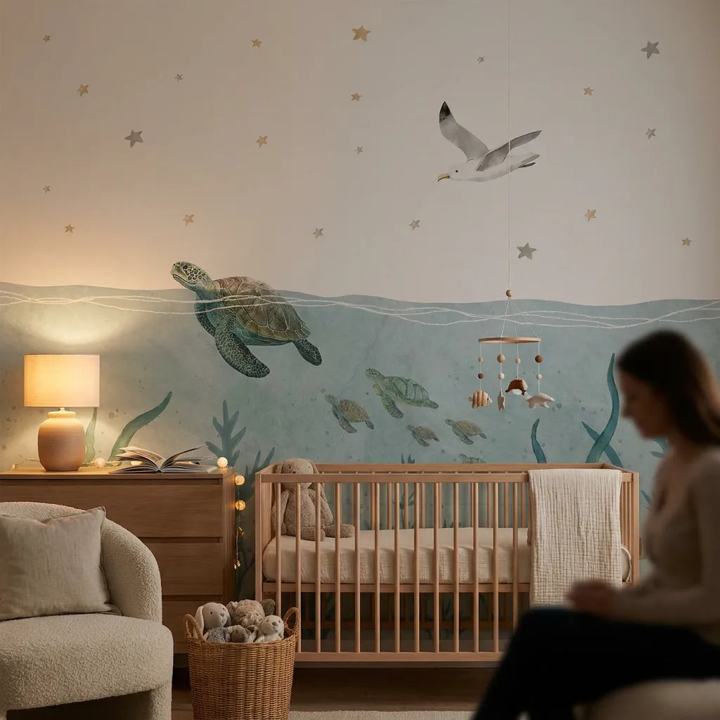Quatrième vue du papier peint panoramique fonds marins nouvel univers dans une chambre d'enfant