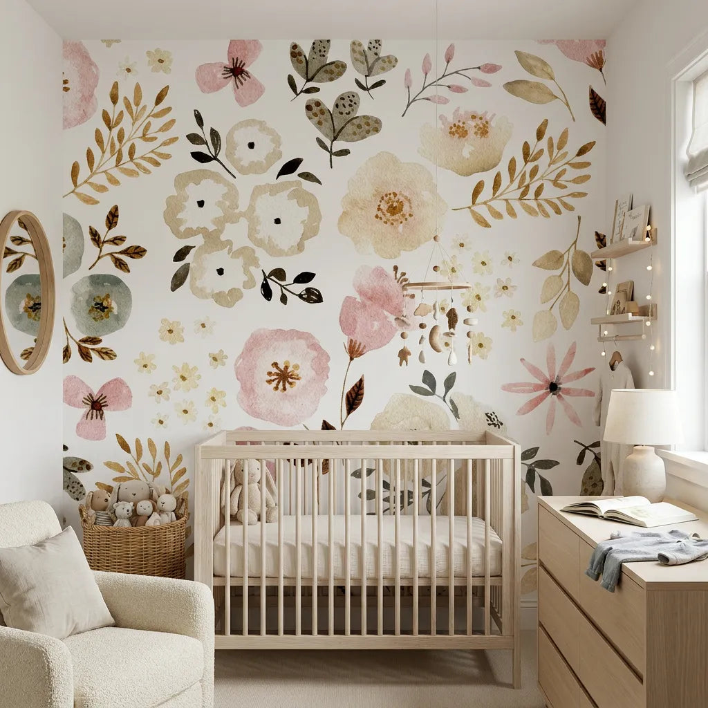 Papier peint panoramique jardin tout doux illustré, dans une chambre d'enfant
