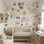Papier peint panoramique jardin tout doux illustré, dans une chambre d'enfant