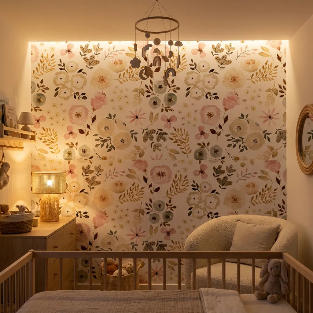 Deuxième vue du papier peint panoramique jardin tout doux dans une chambre d'enfant