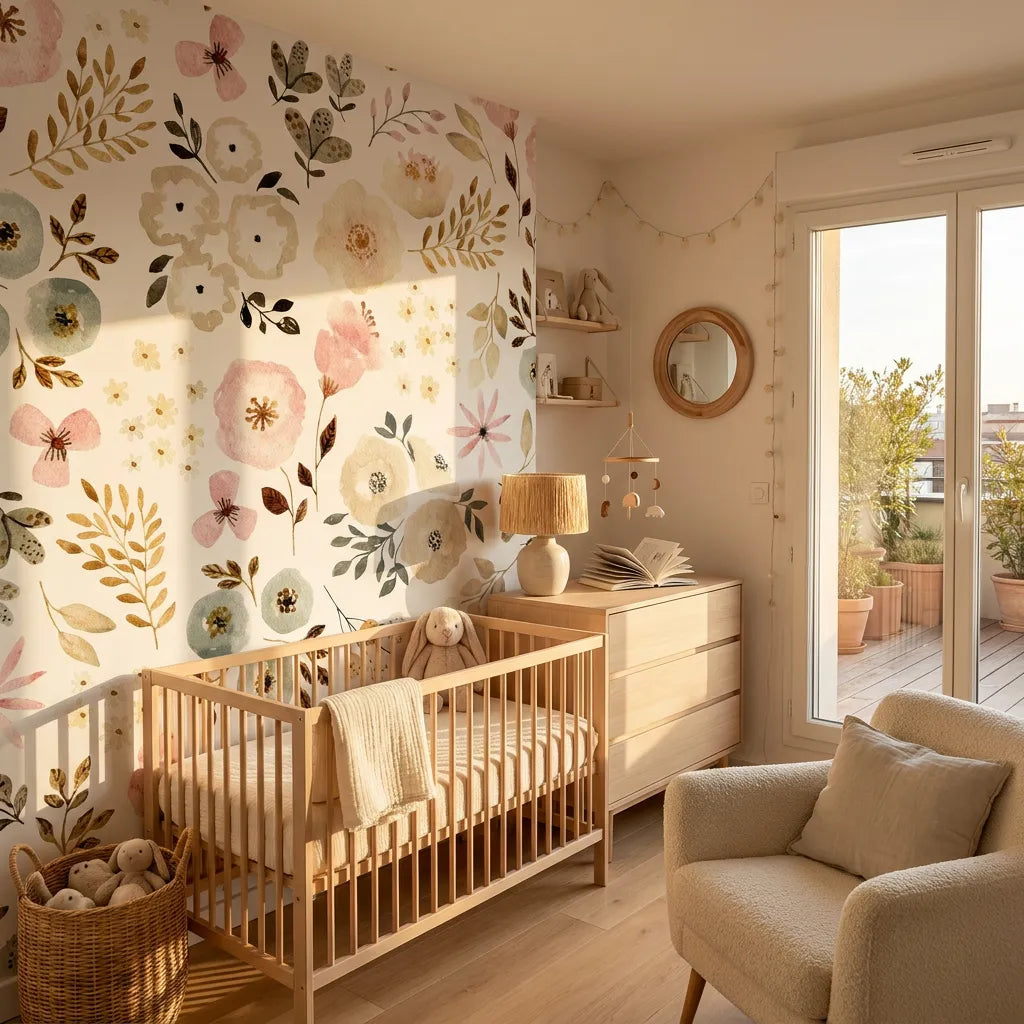 Troisième vue du papier peint panoramique jardin tout doux dans une chambre d'enfant