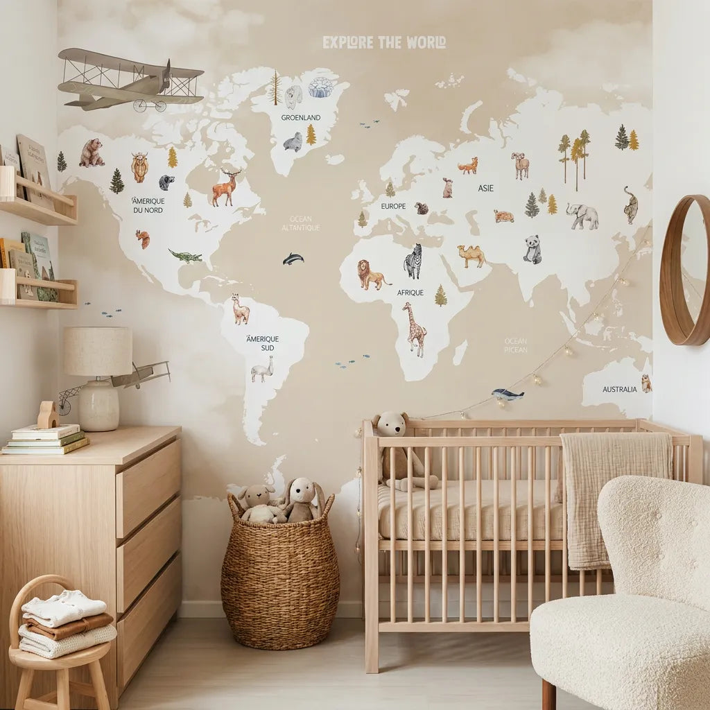Papier peint panoramique monde portée regard illustré, dans une chambre d'enfant