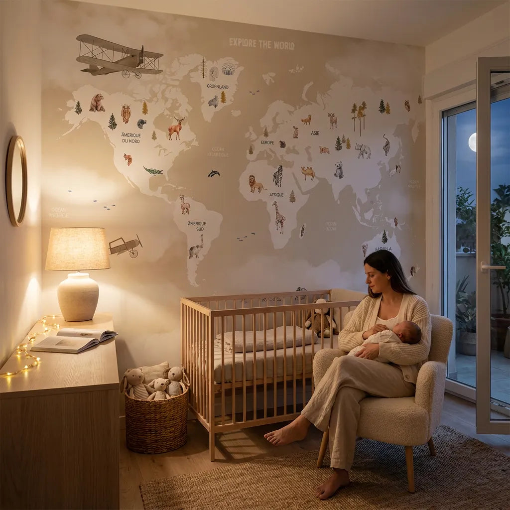 Deuxième vue du papier peint panoramique monde portée regard dans une chambre d'enfant