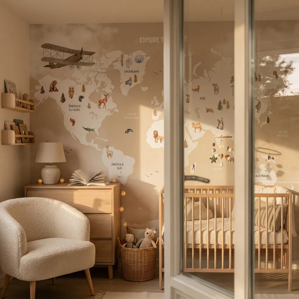 Troisième vue du papier peint panoramique monde portée regard dans une chambre d'enfant