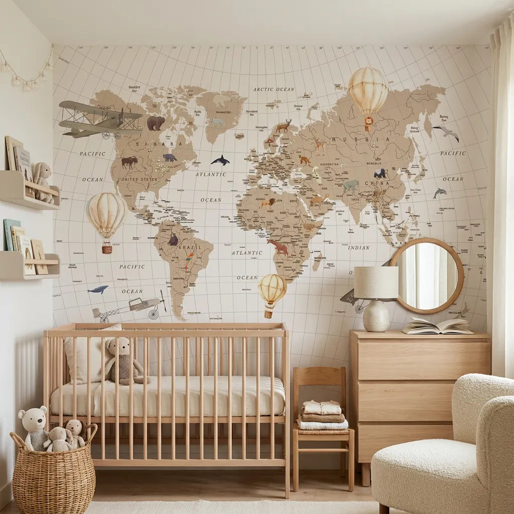 Papier peint panoramique premier planisphère illustré, dans une chambre d'enfant