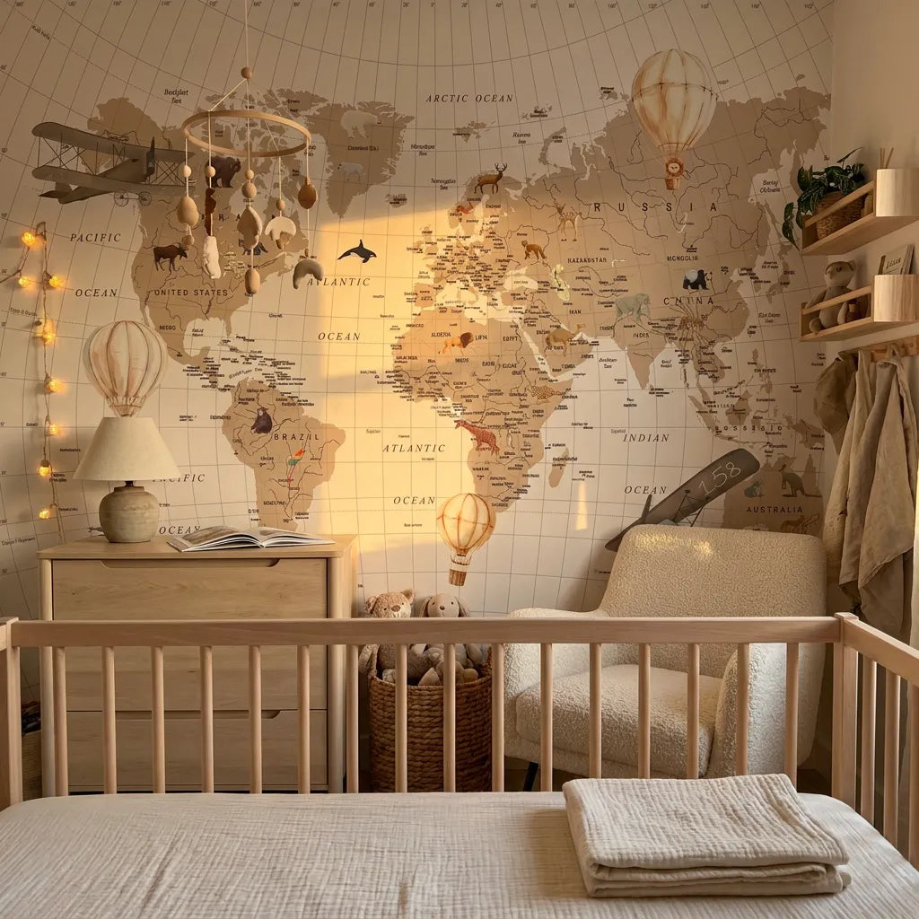 Deuxième vue du papier peint panoramique premier planisphère dans une chambre d'enfant