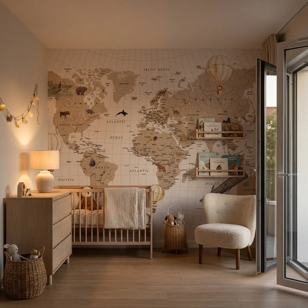 Quatrième vue du papier peint panoramique premier planisphère dans une chambre d'enfant