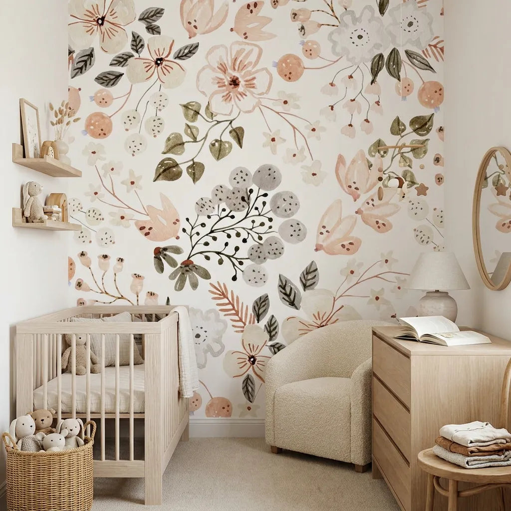 Papier peint panoramique roses pastel douceur illustré, dans une chambre d'enfant