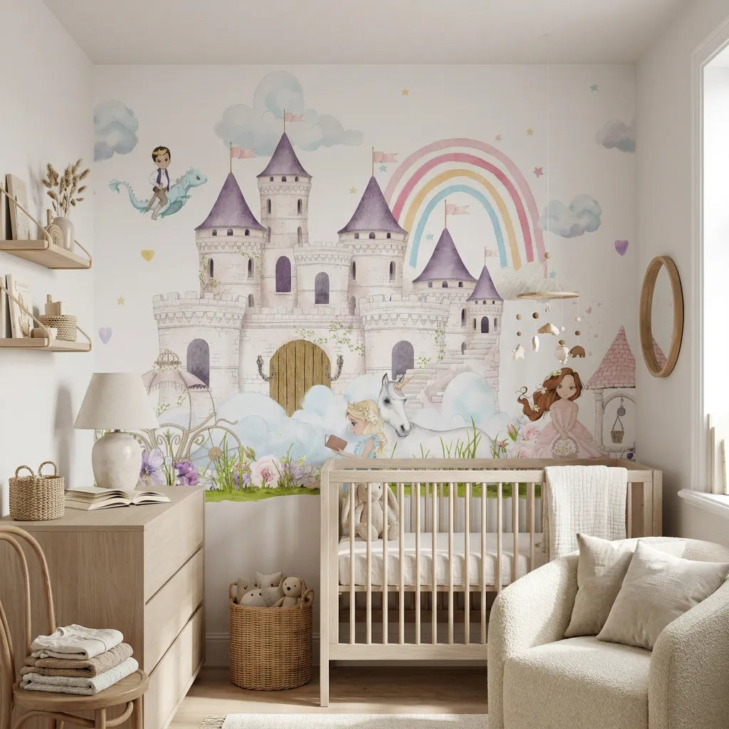 Papier peint panoramique royaume princesse illustré, dans une chambre de fille