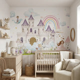 Papier peint panoramique royaume princesse illustré, dans une chambre de fille