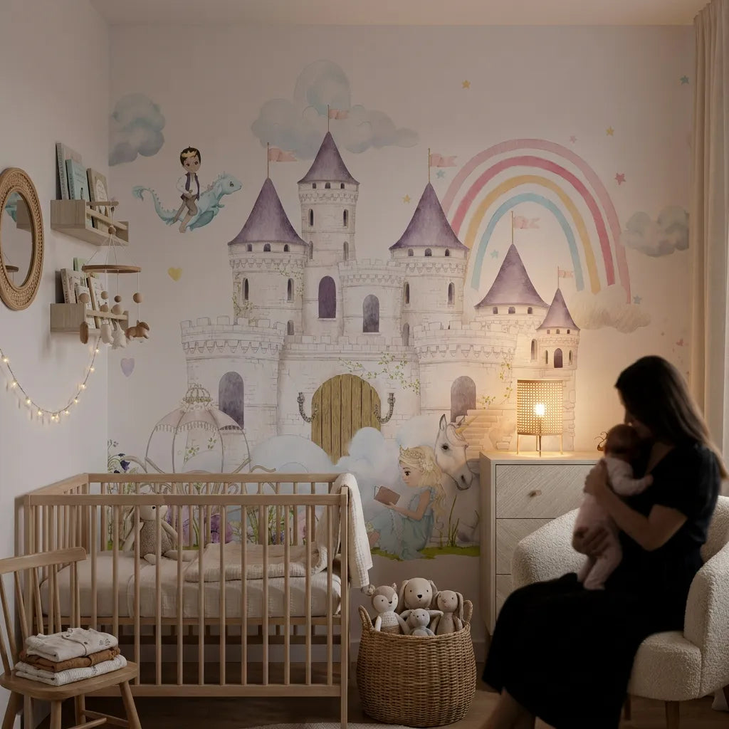 Deuxième vue du papier peint panoramique royaume princesse dans une chambre de fille