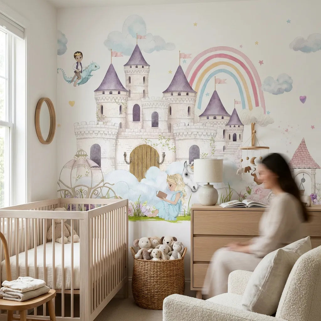 Troisième vue du papier peint panoramique royaume princesse dans une chambre de fille