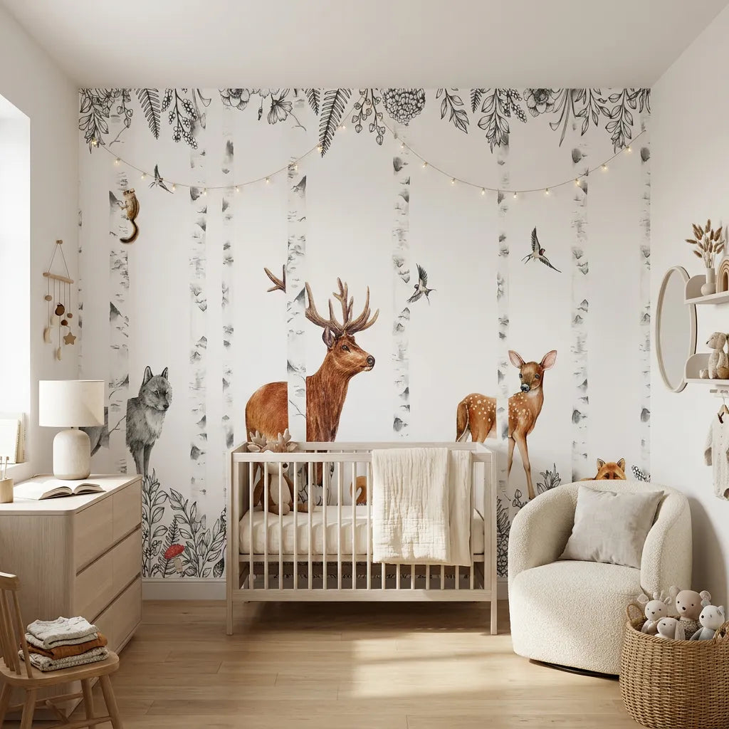 Papier peint panoramique sous les branches illustré, dans une chambre d'enfant