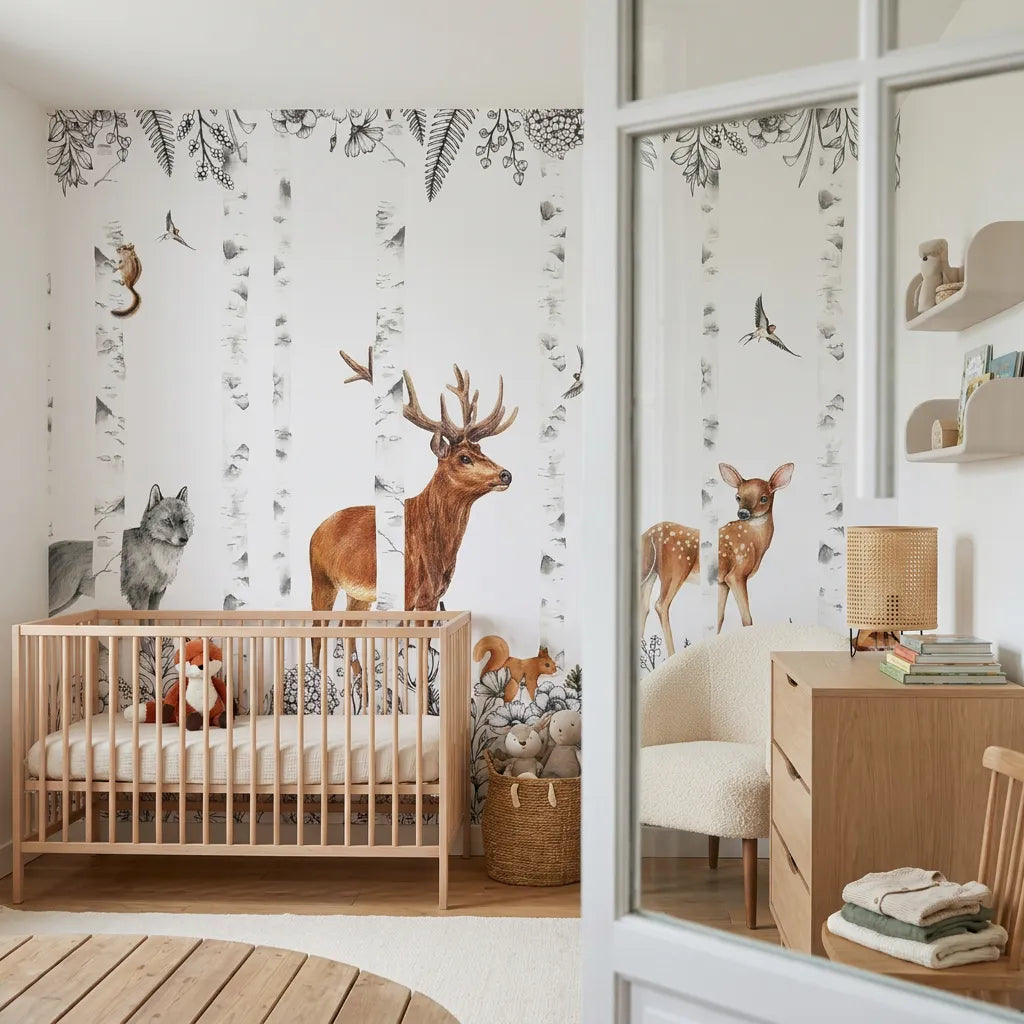 Deuxième vue du papier peint panoramique sous les branches dans une chambre d'enfant