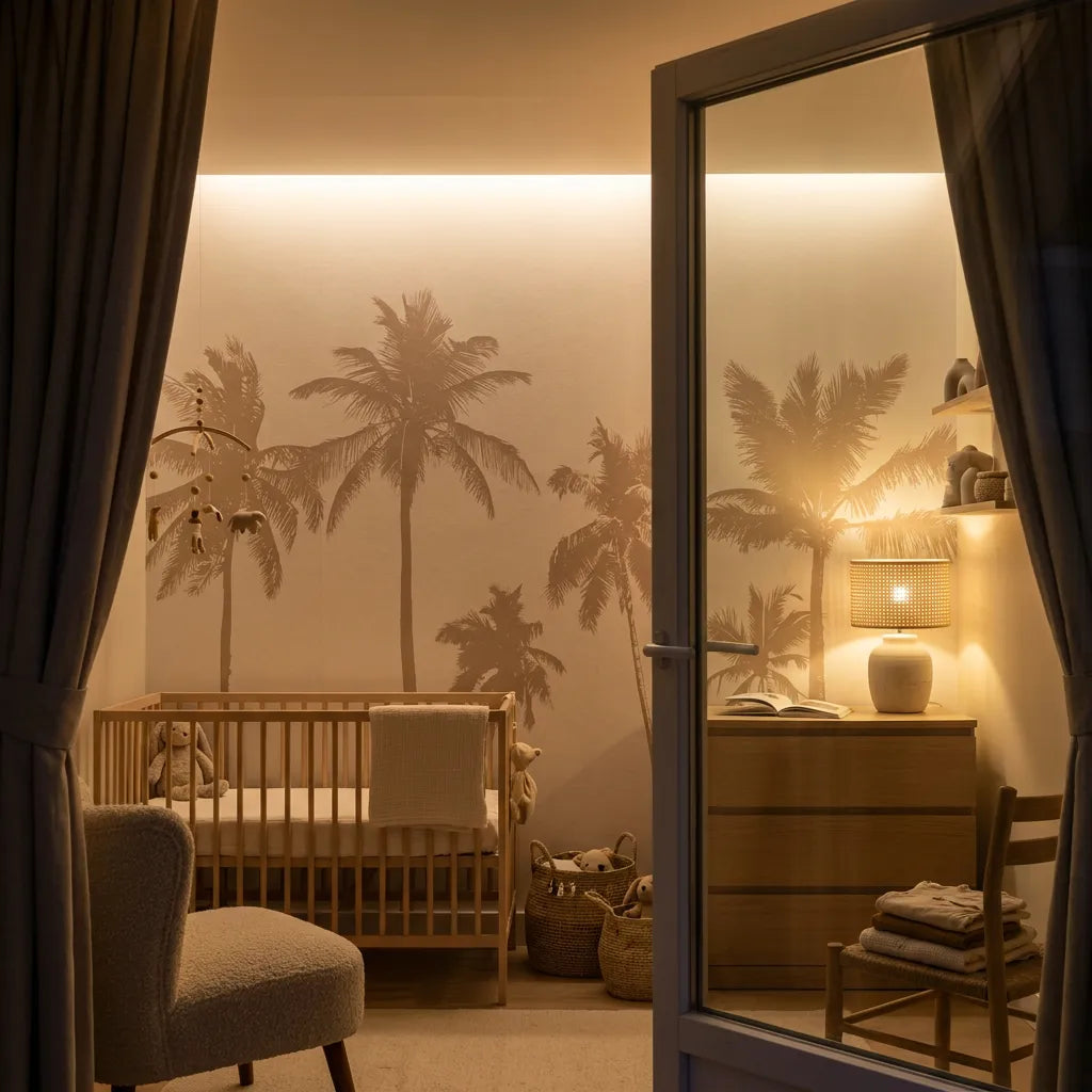 Deuxième vue du papier peint panoramique sous les palmiers sieste dans une chambre d'enfant