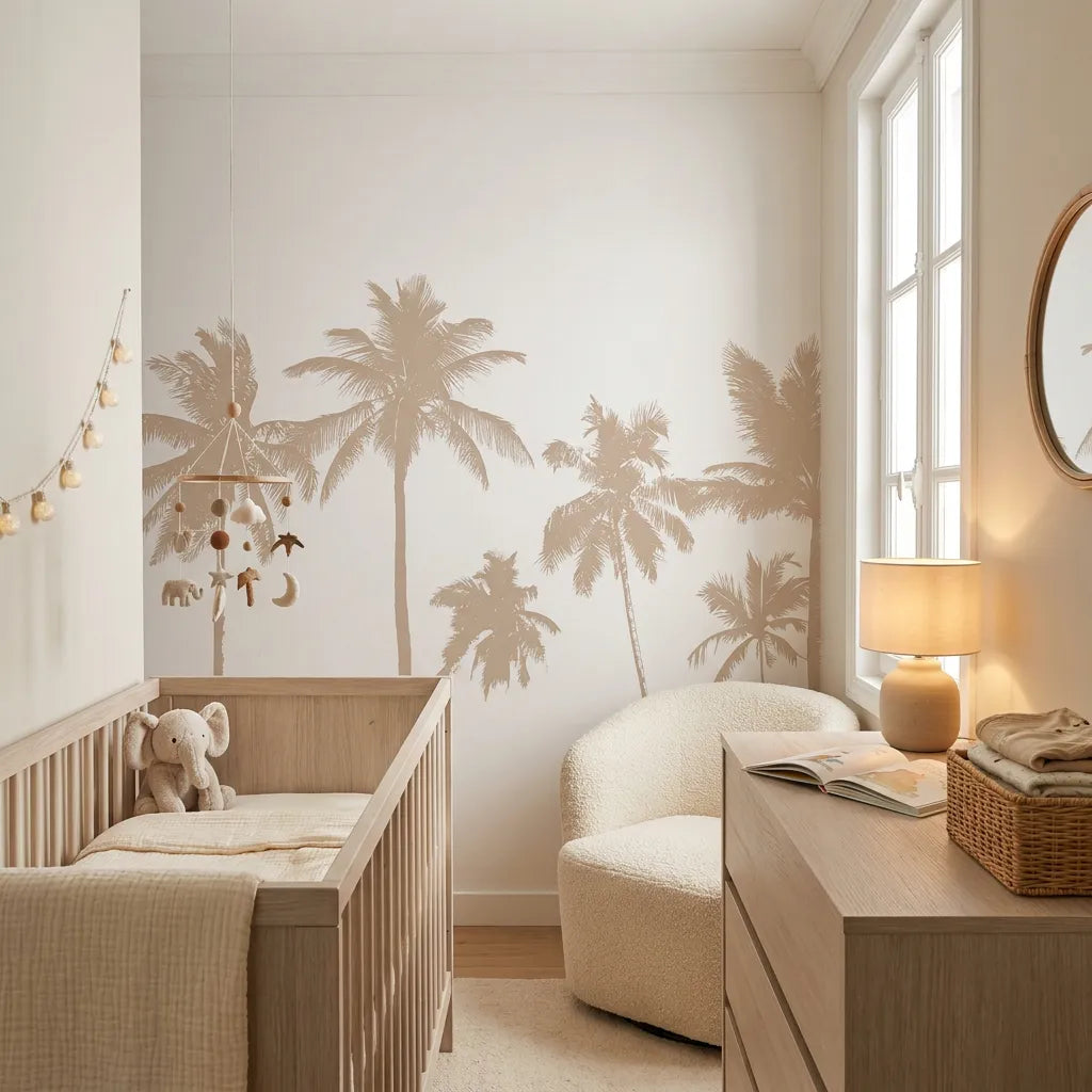 Troisième vue du papier peint panoramique sous les palmiers sieste dans une chambre d'enfant