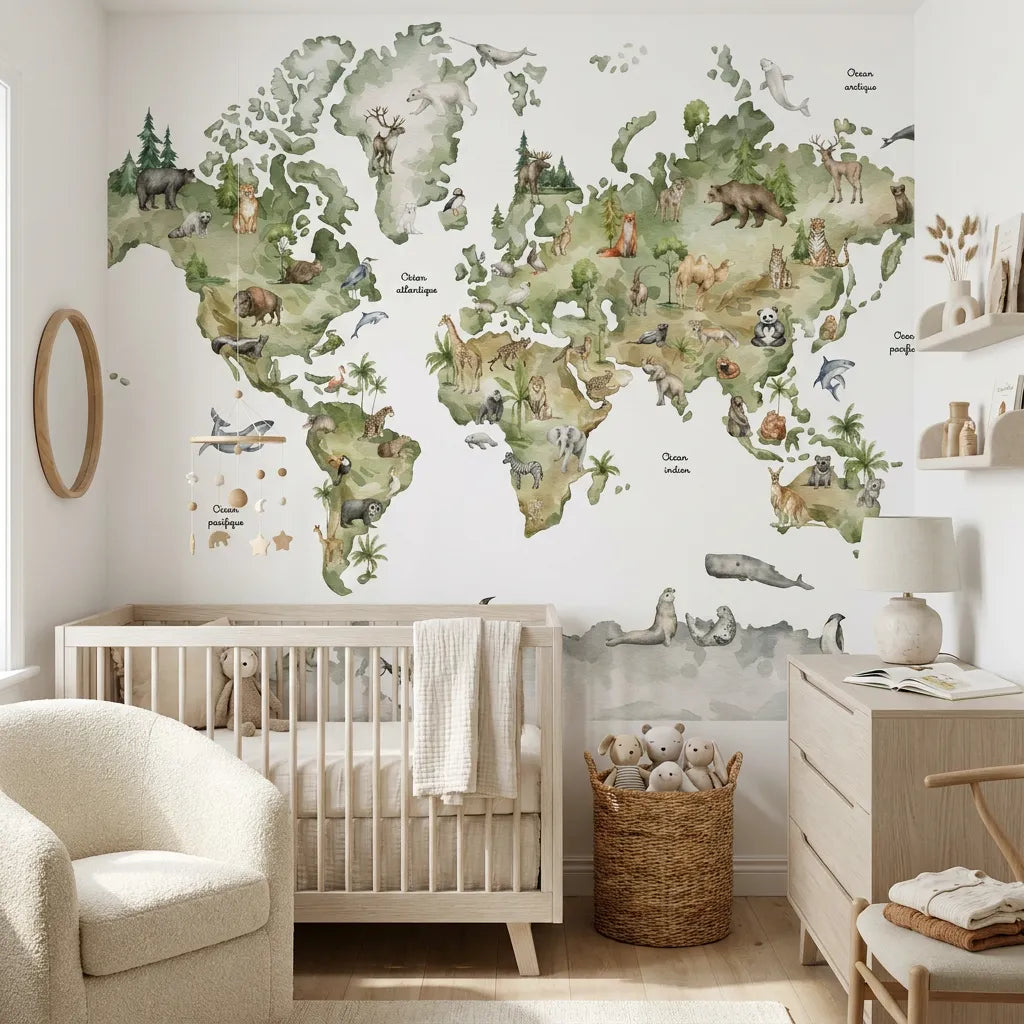 Papier peint panoramique tour monde hauteur illustré, dans une chambre d'enfant