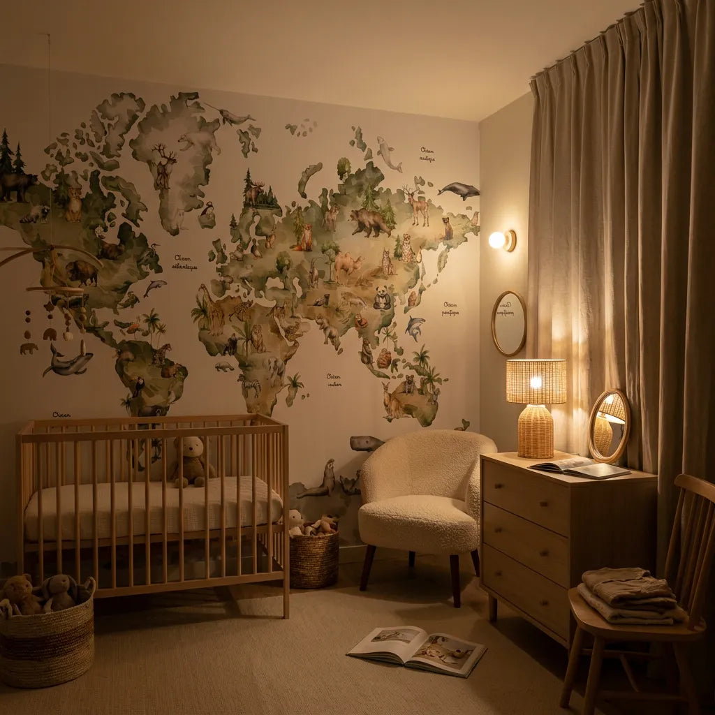 Troisième vue du papier peint panoramique tour monde hauteur dans une chambre d'enfant