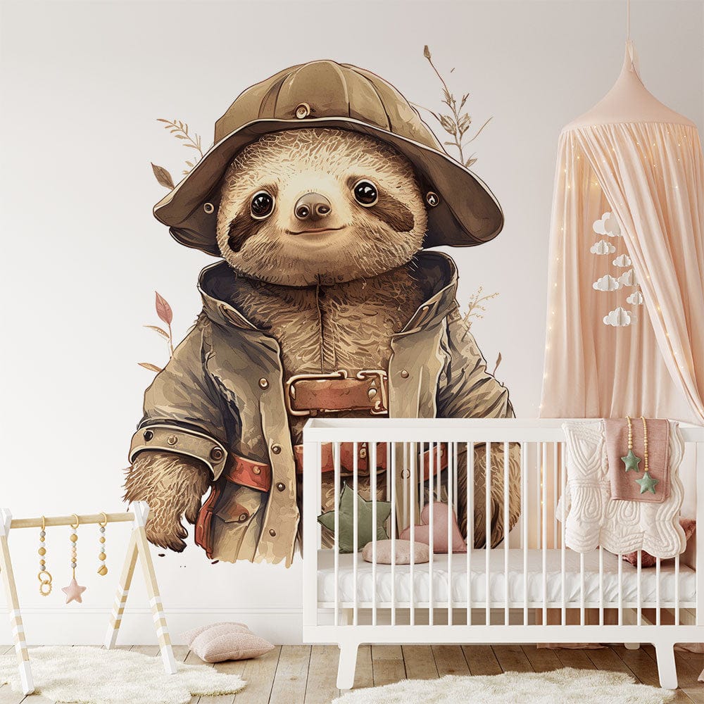 Papier peint panoramique paresseux mignon illustré, dans une chambre d'enfant