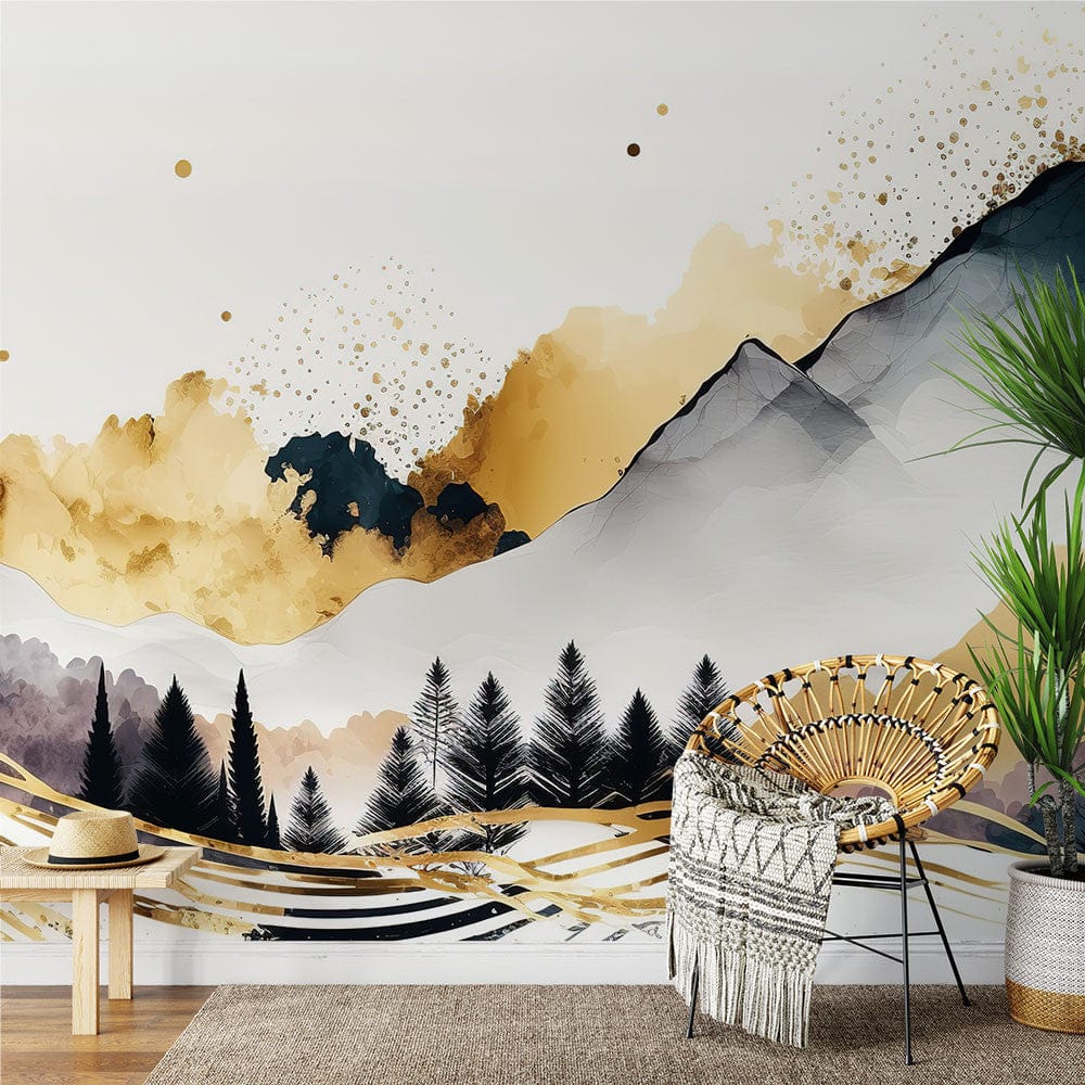 Papier peint panoramique paysage de montagne illustré, dans une chambre adulte