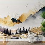 Papier peint panoramique paysage de montagne illustré, dans une chambre adulte