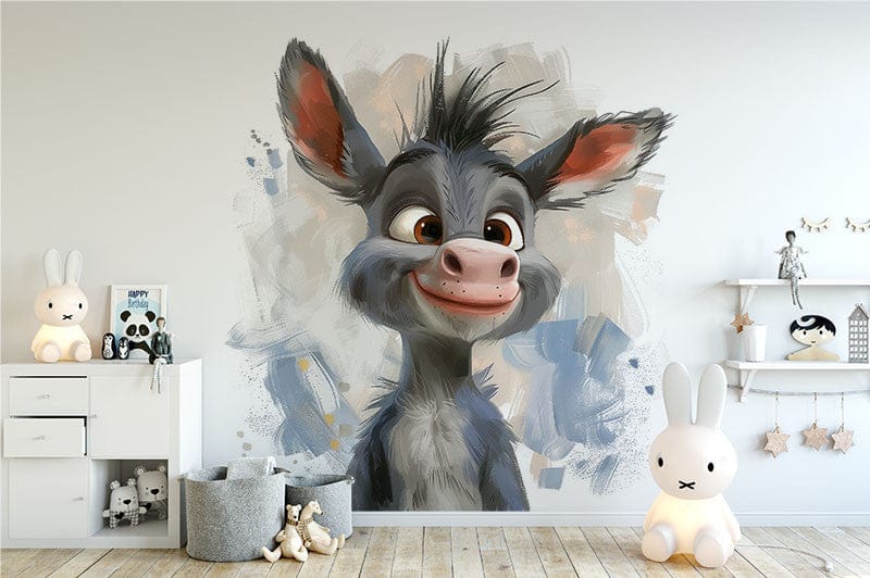 Papier peint panoramique petit âne joli illustré, dans une chambre d'enfant