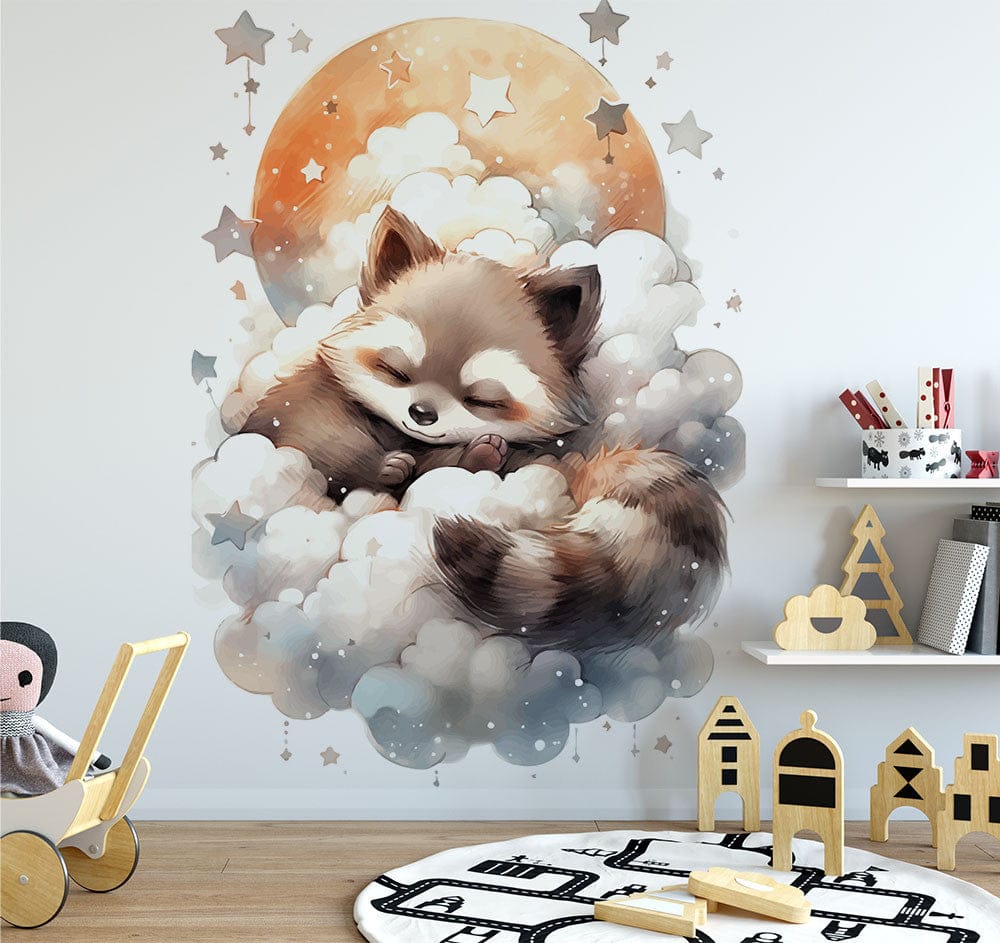 Papier peint panoramique raton laveur dans les nuages illustré, dans une chambre de bébé