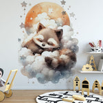 Papier peint panoramique raton laveur dans les nuages illustré, dans une chambre de bébé