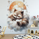 Papier peint panoramique raton laveur dans les nuages illustré, dans une chambre de bébé