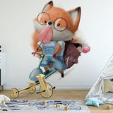 Papier peint panoramique renard à scooter illustré, dans une chambre d'enfant