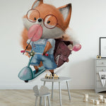 Deuxième vue du papier peint renard à scooter dans une chambre d'enfant