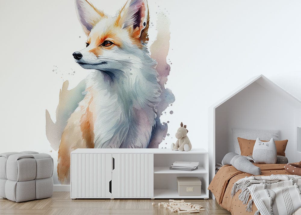 Papier peint panoramique renard aquarelle 2 illustré, dans une chambre d'enfant