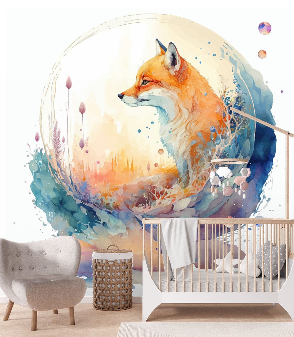 Papier peint panoramique renard aquarelle illustré, dans une chambre d'enfant