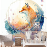 Papier peint panoramique renard aquarelle illustré, dans une chambre d'enfant