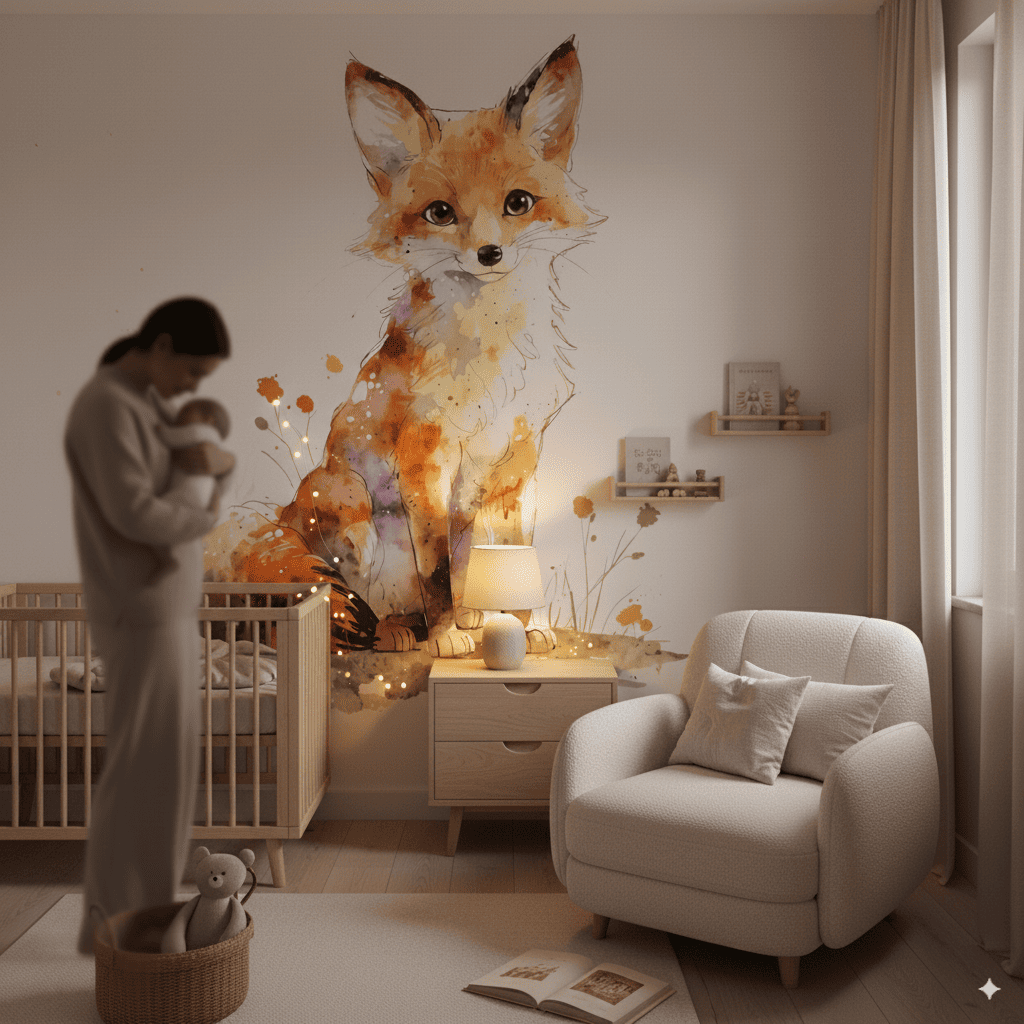 Papier peint panoramique renard aux aguets illustré, dans une chambre d'enfant