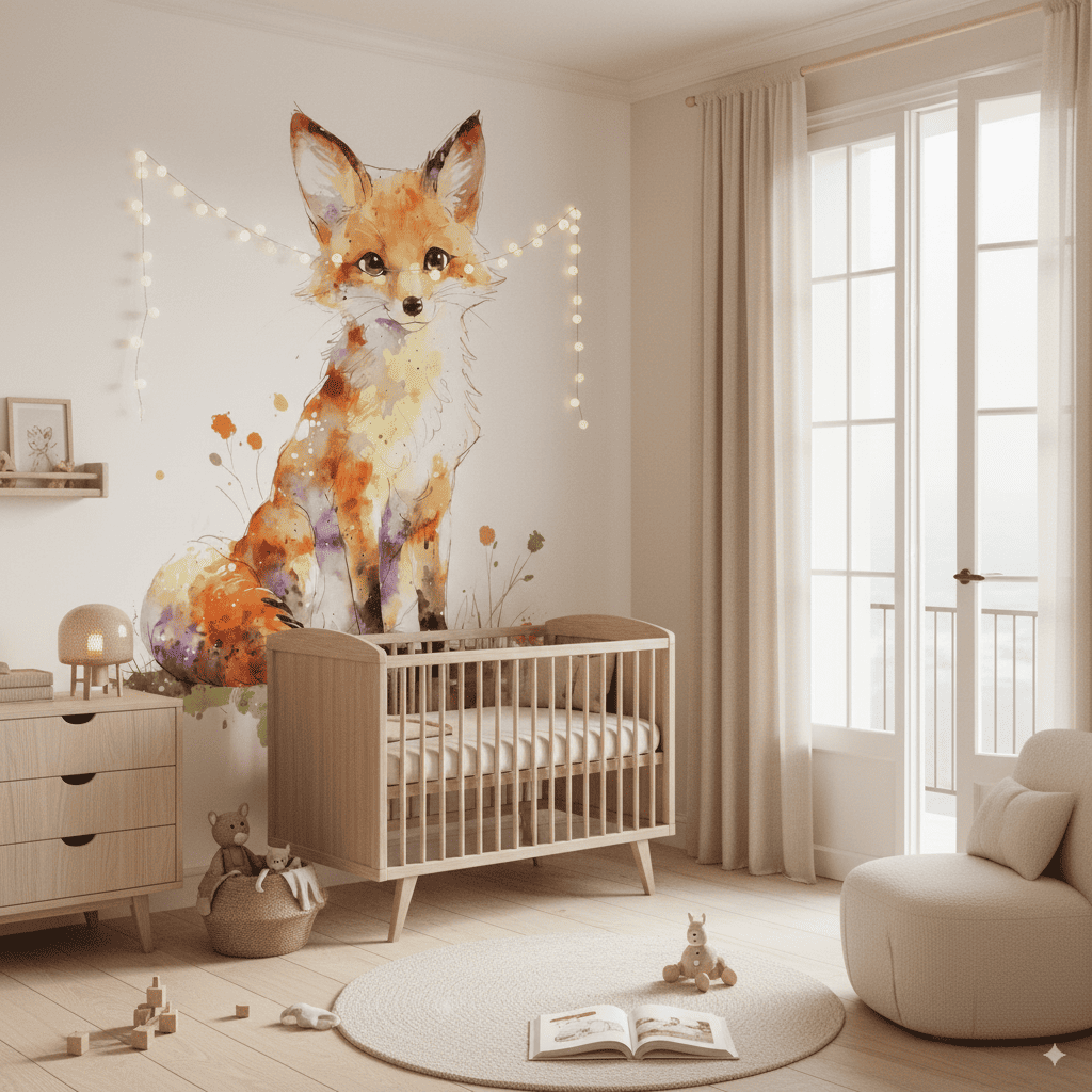 Troisième vue du papier peint renard aux aguets dans une chambre d'enfant