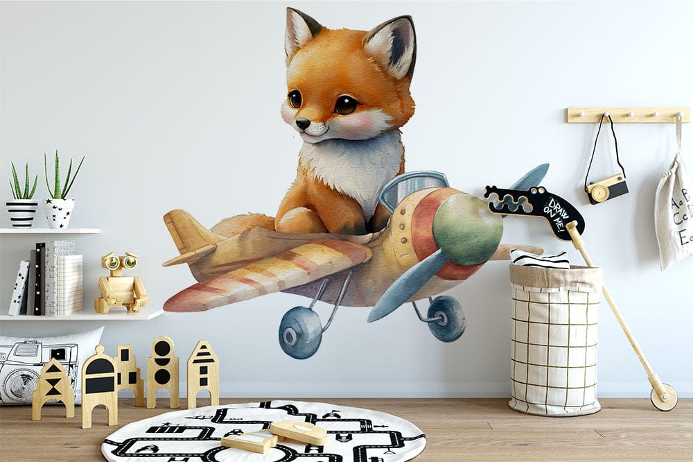 Papier peint panoramique renard avion illustré, dans une chambre de bébé