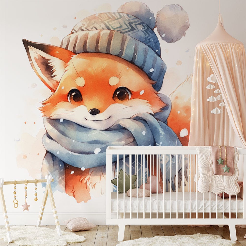 Papier peint panoramique renard bonnet illustré, dans une chambre d'enfant