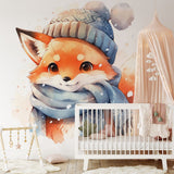 Papier peint panoramique renard bonnet illustré, dans une chambre d'enfant