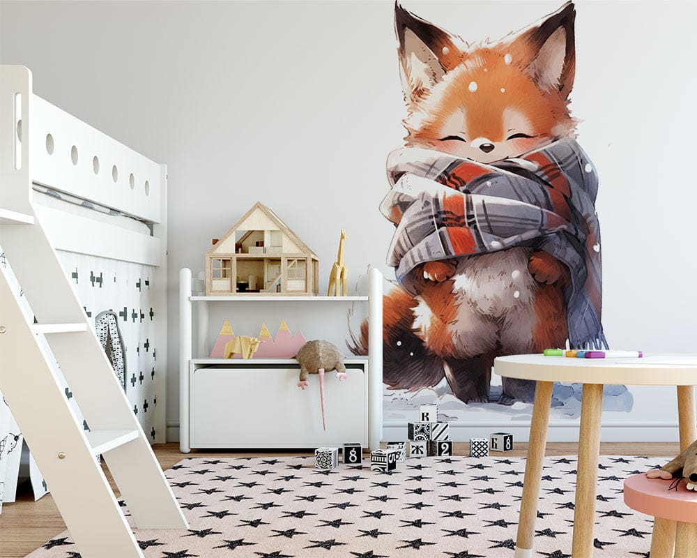 Papier peint panoramique renard illustré, dans une chambre de bébé