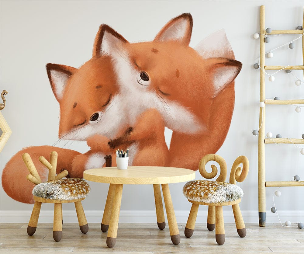 Papier peint panoramique renard couple illustré, dans une chambre d'enfant