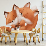 Papier peint panoramique renard couple illustré, dans une chambre d'enfant